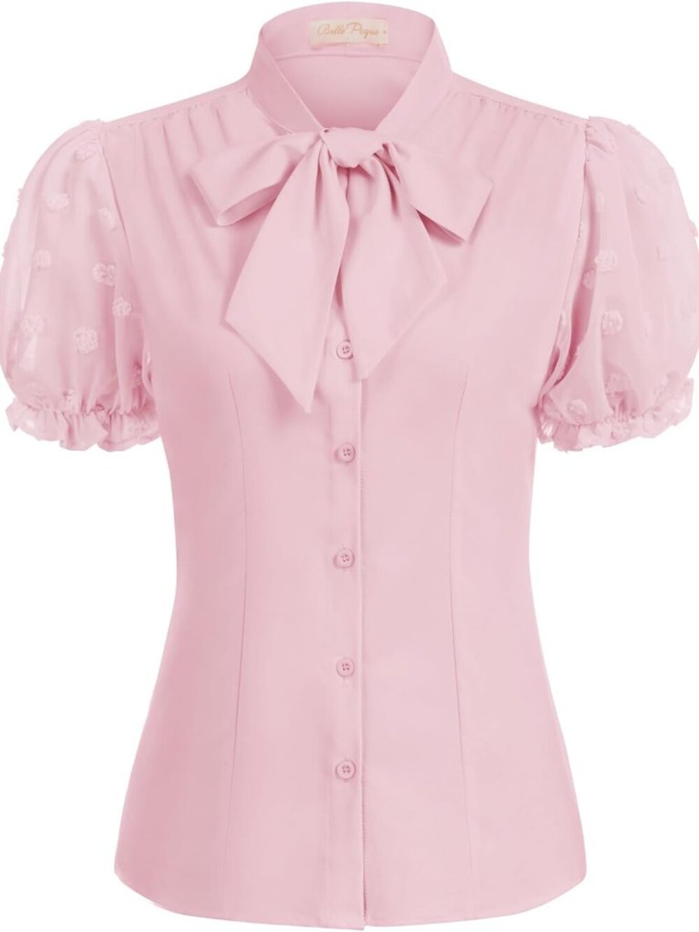 Womens Mesh Puff Sleeves Blouses Vintage Bow Tie Business Tops